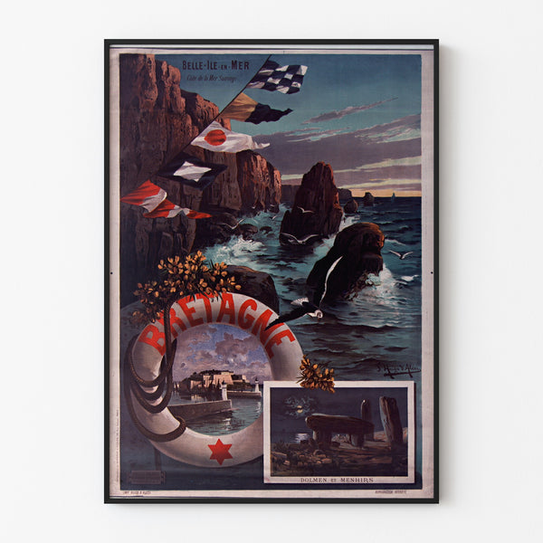 Vintage Brittany poster – Belle-Île-en-Mer, Brittany, displayed in a thin frame on a light wall.