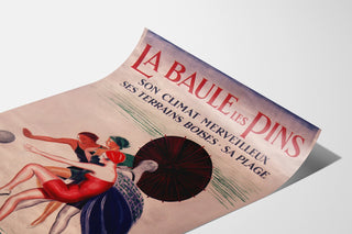 Vintage Brittany – La Baule‑les‑Pins poster displayed on a curled sheet, shown in perspective.