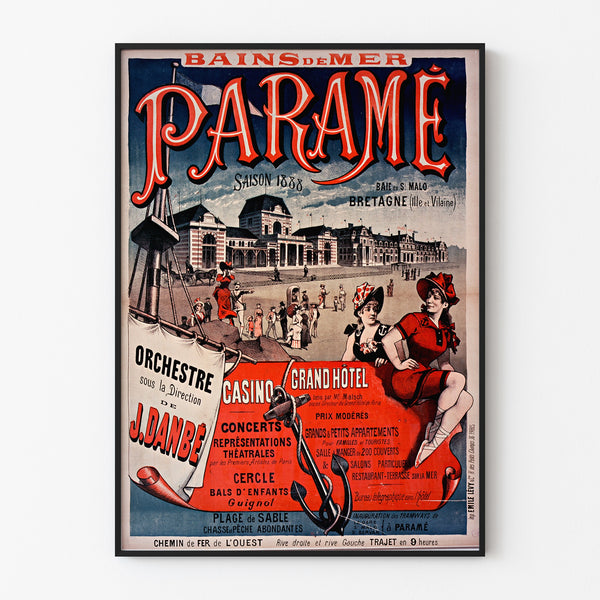 Vintage Brittany poster – Paramé, Bay of Saint-Malo, shown in a slim frame on a pale wall.