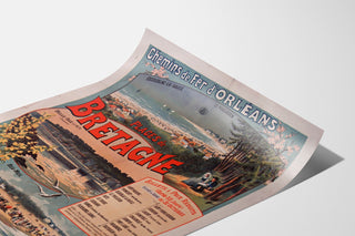 Vintage Brittany – Beaches of Brittany, railways, poster displayed on a curled sheet, shown in perspective.