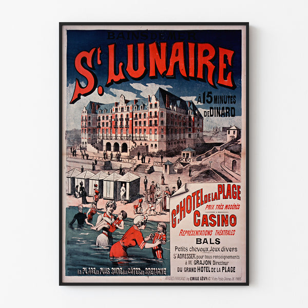 Vintage Brittany poster – Saint-Lunaire, seaside bathing, displayed in a thin frame on a light wall.