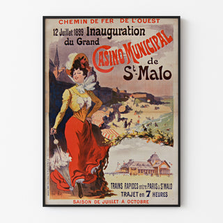 Vintage Brittany poster – Saint-Malo casino opening, shown in a slim frame on a pale wall.