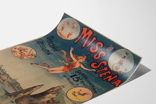 Vintage circus poster Miss Stena—Descent of Absalon—displayed on a curved sheet, shown in perspective.
