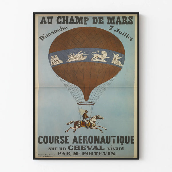 Vintage poster of horseback aviation race - Champ de Mars 1850