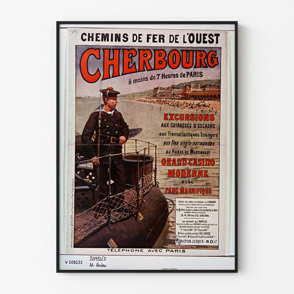 Vintage Normandy poster – Cherbourg, Chemins de fer de l’Ouest, shown in a slim frame on a light wall.