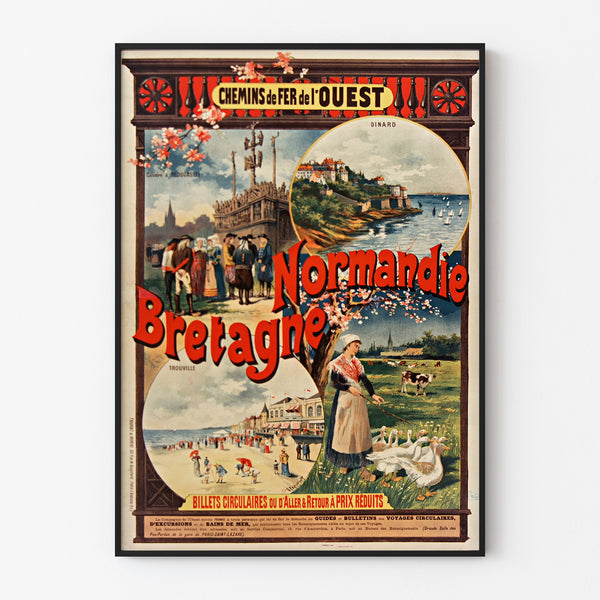 Vintage Normandy poster – Normandy and Brittany — Chemins de fer de l’Ouest, displayed in a slim frame on a light wall.