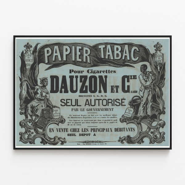 Tobacco paper poster for cigarettes — Dauzon et Cie, Agen, shown in a slim frame on a light wall.