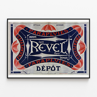 Parapluies Revel poster — Registered trademark, Lyon, Paris, shown in a slim frame on a light wall.