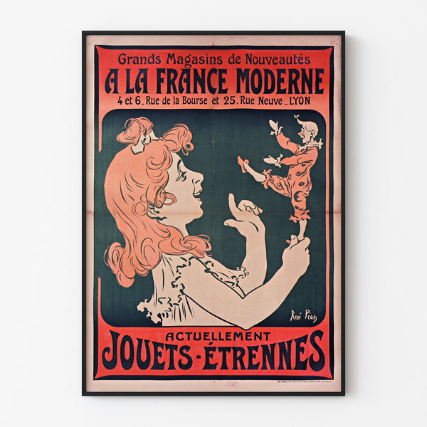 Vintage poster “À la France moderne, Lyon” in a slim frame on a light wall.