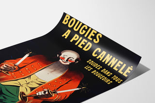 Vintage advertisement Bougies Fournier, shown on a curved sheet, viewed in perspective.