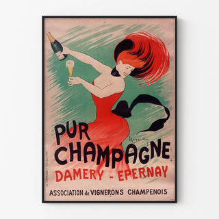 Vintage Champagne Damery-Épernay advertisement, shown in a slim frame on a light wall.