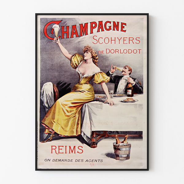 Vintage Champagne Scohyers de Dorlodot advertisement poster, displayed in a thin frame on a light wall.