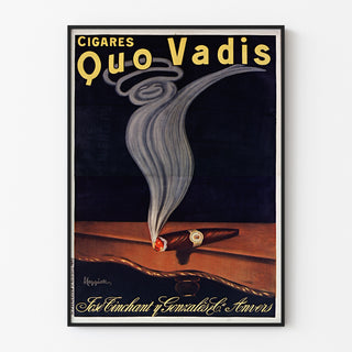 Vintage Quo Vadis Cigars advertising poster, displayed in a slim frame on a light wall.
