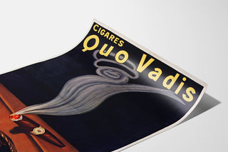 Vintage Quo Vadis Cigars advertising poster, shown on a curled sheet, perspective view.