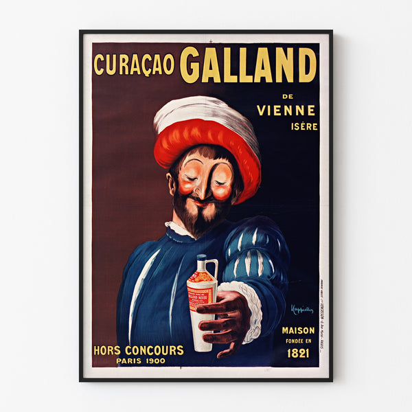 Vintage Curaçao Galland advertisement poster, displayed in a slim frame on a light wall.