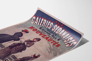 Vintage advertisement Galeries sedanaises, Nouveautés, shown on a curved sheet, viewed in perspective.
