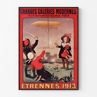 Vintage advertisement Grandes Galeries modernes, Agen poster in a thin frame on a light wall.