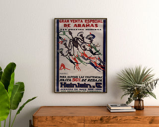 Vintage Heinlein chandeliers advertising poster, framed above a wooden dresser between plants.