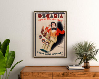 Vintage advertising poster Oscaria, shoes, framed above a wooden dresser between plants.