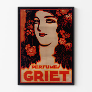 Vintage advertising poster Perfumes Griet, shown in a slim frame on a light wall.