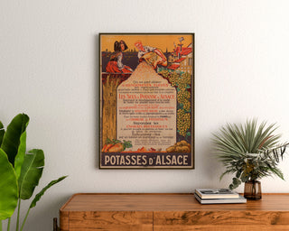 Vintage Potasses d’Alsace advertising poster, framed above a wooden dresser, between plants.
