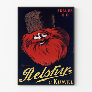 Vintage Relskyr advertisement poster - 1° Kumel, displayed in a slim frame on a light wall.