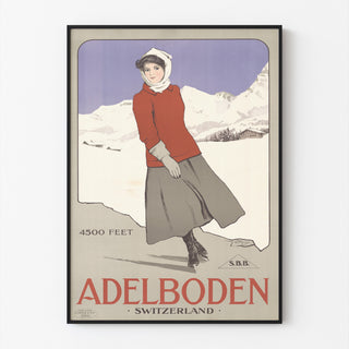 Vintage Switzerland – Adelboden – Carlo Pellegrini, 1905, displayed in a slim frame on a light wall.
