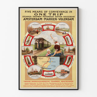 Vintage travel poster – Amsterdam, Marken and Volendam, displayed in a slim frame on a light wall.