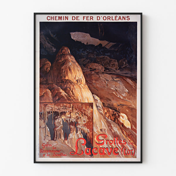 Vintage tourist poster – Grottes de Lacave, Rocamadour in a thin frame on a light wall.