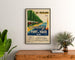 Vintage travel poster – Les Peupliers, Pont-de-Vaux campsite, framed above a wooden dresser between plants.