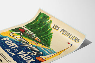 Vintage travel poster – Les Peupliers, Pont-de-Vaux campsite, shown on a slightly curled sheet, seen in perspective.
