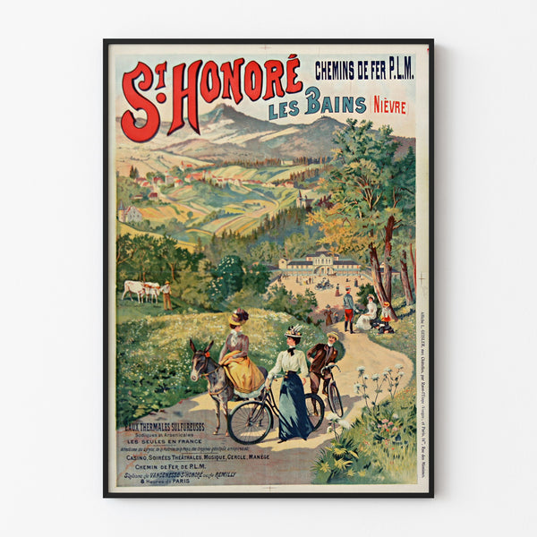 Vintage tourist poster – Saint-Honoré-les-Bains, thermal waters, displayed in a thin frame on a light wall.