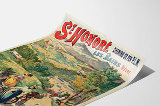 Vintage tourist poster – Saint-Honoré-les-Bains, thermal waters, shown on a curved sheet, perspective view.