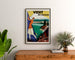 Vintage travel poster – Vichy, springs and tourism, framed above a wooden dresser between plants.