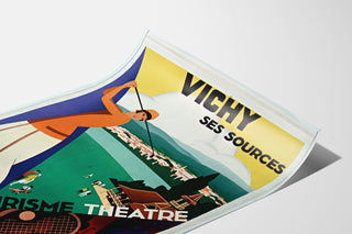 Vintage travel poster – Vichy, springs and tourism, presented on a curled sheet, viewed in perspective.
