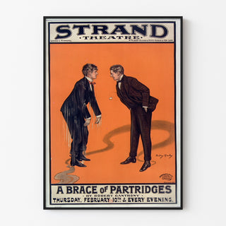 Vintage poster A Brace of Partridges, Strand Theatre, displayed in a slim frame on a light wall.