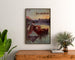 Vintage poster Aix‑les‑Bains, PLM group tickets, framed above a wooden dresser, flanked by plants.