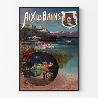Vintage poster Aix‑les‑Bains, night festival, in a slim frame on a light wall.