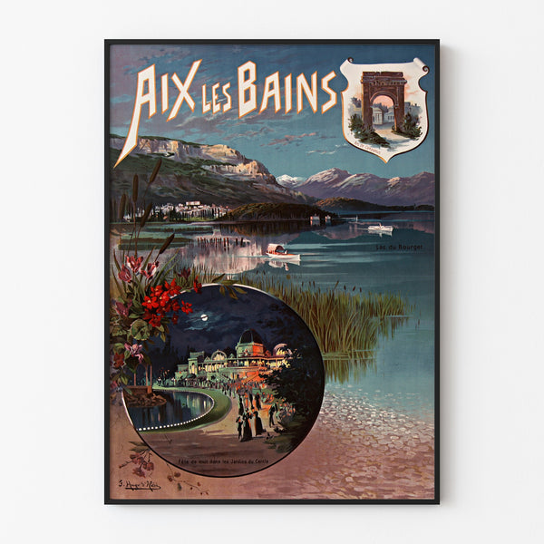 Vintage poster Aix‑les‑Bains, night festival, in a slim frame on a light wall.