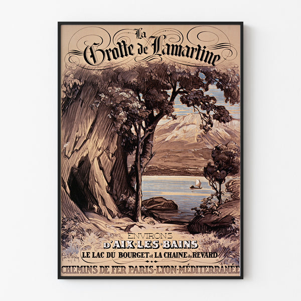 Vintage poster Aix‑les‑Bains, Lamartine’s Cave, in a slim frame on a light wall.