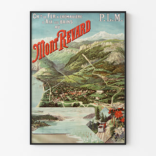 Vintage poster Aix‑les‑Bains, Mont‑Revard, rack railway, in a slim frame on a light wall.