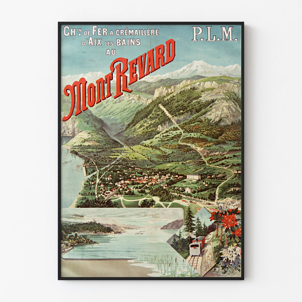 Vintage poster Aix‑les‑Bains, Mont‑Revard, rack railway, in a slim frame on a light wall.
