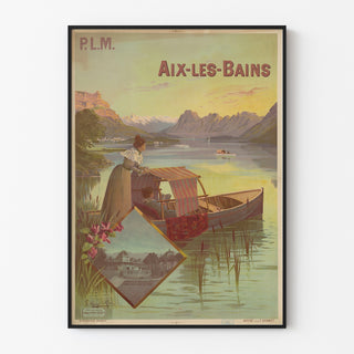 Vintage poster Aix‑les‑Bains, PLM, in a slim frame on a light wall.