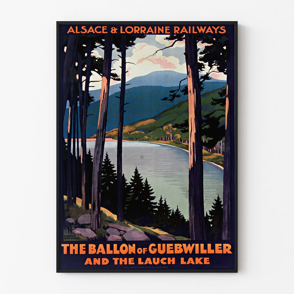 Vintage Alsace-Lorraine Guebwiller balloon poster, displayed in a slim frame on a light wall.