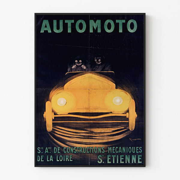 Vintage Automoto, Saint‑Étienne poster in a thin frame on a light wall.