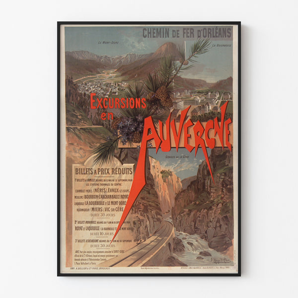 Vintage Auvergne poster, Orléans excursions, shown in a slim frame on a light wall.
