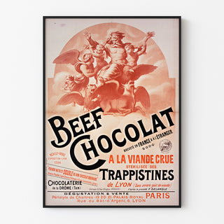 Vintage poster Beef Chocolat, chocolaterie de la Drôme, displayed in a slim frame on a light wall.