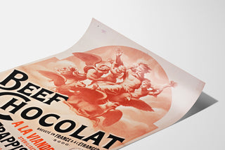 Vintage poster Beef Chocolat, chocolaterie de la Drôme, shown on a curled sheet, perspective view.