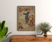 Vintage Boulogne-sur-Mer poster, 24 express, framed above a wooden dresser, between plants.