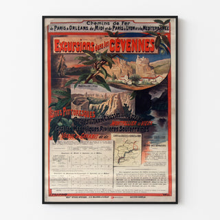 Vintage Cévennes poster, train excursions, displayed in a thin frame on a light wall.